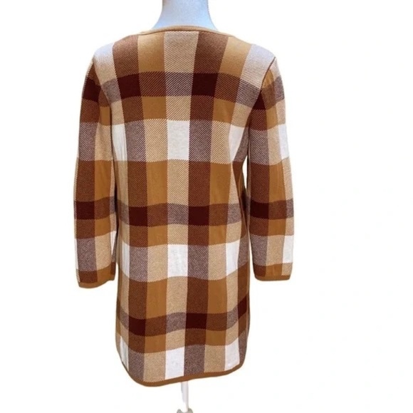Loft Plaid Open-Front Cardigan Longline Duster Brown Tan Cream Checkered Size M - Picture 3 of 6